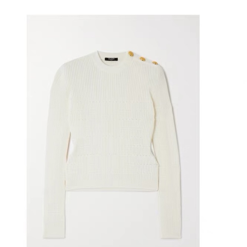 🚩steal authentic Balmain White Ribbed Knit with Gold Details